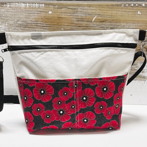 Recycled Sail Cloth Red Poppies Womens Crossbody Bag Handmade - Picture 3 of 7